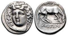 Greek THESSALY, Larissa. Circa 356-342 BC. AR Drachm (17mm, 6.01 g, 12h). Head of the nymph Larissa facing slightly left, with hair in ampyx / Horse right, preparing to lie down. Lorber, Hoard, Phase 