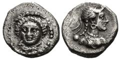 Greek CILICIA, Tarsos. Tarkumuwa (Datames). Satrap of Cilicia and Cappadocia, 384-361/0 BC. AR Hemiobol (8mm, 0.38 g, 6h). Head of female facing slightly left, drapery around neck / Draped bust of fem