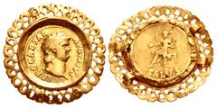 Coin Jewelry ROMAN. Imperial. Nero AV Aureus bezel set in ancient gold pendant. 1st century AD. AV Pendant (29.5mm, 11.04, 5h). Intact with four rings on reverse for attachment to chain. Coin: Nero. A