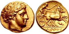 Greek KINGS of MACEDON. temp. Philip II – Alexander III. Circa 340/36-328 BC. AV Stater (17.5mm, 8.59 g, 4h). In the name and types of Philip II. Amphipolis mint. Head of Apollo right, wearing laurel 