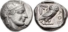 Greek ATTICA, Athens. Circa 454-404 BC. AR Tetradrachm (23mm, 17.19 g, 4h). Helmeted head of Athena right, with frontal eye / Owl standing right, head facing, closed tail feathers; olive sprig and cre