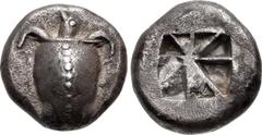 Greek ISLANDS off ATTICA, Aegina. Circa 550-530/25 BC. AR Stater (19.5mm, 11.58 g). Sea turtle, head in profile, with thin collar and row of dots down its back / Deep incuse square with proto-"Union J
