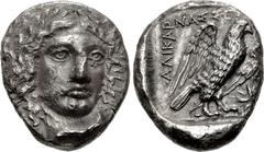Greek CARIA, Halikarnassos. Circa 400-387 BC. AR Tetradrachm (21.5mm, 15.24 g, 12h). Head of Apollo, wearing laurel wreath, facing slightly right / Eagle standing half-right, wings spread; AΛIKAPNAΣΣ-
