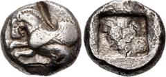 Greek DYNASTS of LYCIA. Uncertain dynast. Circa 500-470/60 BC. AR Stater (19.5mm, 9.40 g, 6h). Uncertain mint. Pegasos flying left / Facing lion scalp within incuse square. Müseler III, 34 = Reuter 11