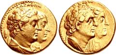 Greek PTOLEMAIC KINGS of EGYPT. Ptolemy II Philadelphos, with Arsinöe II, Ptolemy I, and Berenike I. 285-246 BC. AV Mnaieion – 'Oktadrachm' (26.5mm, 27.65 g, 12h). Ptolemaic standard. Alexandreia mint