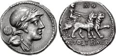 Roman Republican M. Volteius M.f. 75 BC. AR Denarius (19mm, 4.01 g, 3h). Rome mint. Laureate, helmeted, and draped bust of Attis right; shield to left / Cybele driving biga of lions right; MΘ above. C