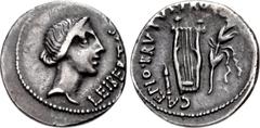 Roman Republican The Republicans. Brutus. Spring-early summer 42 BC. AR Denarius (18mm, 3.65 g, 12h). Military mint traveling with Brutus in Lycia. Head of Libertas right / Lyre between quiver to left