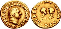 Roman Imperial Vitellius, with his children. AD 69. AV Aureus (18mm, 7.14 g, 6h). Dynastic issue. Rome. Struck circa late April-20 December. A VITELLIVS GERM IMP AVG TR P, laureate head of Vitellius r