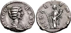 Roman Imperial Didia Clara. Augusta, AD 193. AR Denarius (17mm, 3.30 g, 12h). Rome mint. Struck under Didius Julianus. DIDIA CLA RA AVG, draped bust right / HILAR T EMPOR, Hilaritas standing left, hol