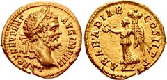 Roman Imperial Septimius Severus. AD 193-211. AV Aureus (20mm, 7.38 g, 12h). Rome mint. Struck AD 194-195. L SEPT SEV PERT AVG IMP IIII, laureate head right / ARAB • ADIAB COS II P P, Victory, winged 