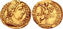 Roman Imperial Constantius III. AD 421. AV Tremissis (11mm, 1.31 g, 6h). Ravenna mint. D N CONSTAN TIVS P F AVC, rosette-diademed, draped, and cuirassed bust right / VICTORIA AVGVSTORVM, Victory advan
