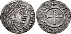 Early Medieval & Islamic CAROLINGIANS. temp. Robert I. King of West Francia, 922-923. AR Denier (19mm, 1.31 g, 1h). Crinon Group 1, Series 1, Variety 1. Chinon mint. TVRON to right, diademed and mantl