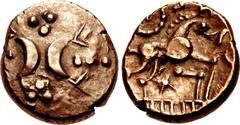 British CELTIC, Iceni. Uninscribed. Circa 20 BC - AD 40. AV Stater (16mm, 5.37 g). Freckenham Crescents - Ring and Star (Icenian B) Type. Two crescents facing outward with row of pellets projecting fr