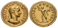 Roman Imperial Severus Alexander. AD 222-235. AV Aureus (21.5mm, 6.66 g, 6h). Rome mint. 14th emission, AD 231. IMP ALEXAN DER PIVS AVG, laureate, draped, and cuirassed bust right / IOVI PRO PVGNATORI
