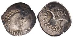 British CELTIC, Iceni. Uninscribed. Circa 20 BC - AD 10. AR Unit (14.5mm, 1.02 g, 6h). Saham Toney type. Stylized bearded head right / Stylized horse left; lozenge above, pellet-in-annulet below. Talb