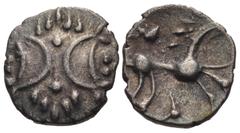 British CELTIC, Iceni. Ecen. Circa AD 10-45. AR Half Unit (10mm, 0.53 g). Mini Stick Horse (Icenian I) type. Double crescent emblem, pellets between, on pelleted lozenge / Stylized horse right; V-shap