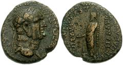 LYDIA, Philadelphia. Vespasian. AD 69-79. Æ 20mm (9.54 g, 1h). Herodes and Polemaios, epimelethentes. Laureate head right / Zeus Lydios standing left, holding patera and scepter; altar before. RPC 132