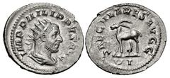 Roman Imperial Philip I. AD 244-249. AR Antoninianus (24mm, 4.42 g, 12h). Ludi Saeculares issue. Rome mint, 6th officina. 9th emission, AD 248. Radiate, draped, and cuirassed bust right / SAECVLARES A