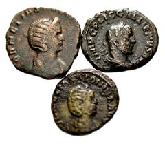 Large Lots ROMAN. Imperial. Lot of three (3) bronze issues of Gallienus and Saloninus. Includes: Gallienus. Æ As // Salonina. Æ Sestertius // Æ As. The first a bit rough. Near VF to VF. LOT SOLD AS IS
