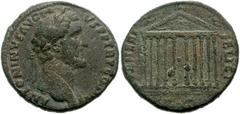 Antoninus Pius. AD 138-161. Æ Sestertius (33mm, 23.60 g). Rome mint. Struck AD 141. Laureate head right / Decastyle temple. RIC III 651; BMCRE 1324; Cohen 1075. Near VF, dark grayish-green patina, dep