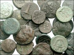 GREEK. Miscellaneous. Æ of various cities. Includes: CAMPANIA, Neapolis. Æ 20mm. Head of Apollo / Man-headed bull // Æ 14mm. Head of male / Tripod // BRUTTIUM, Lokroi Epizephyrioi. Æ 19mm. Head of Per