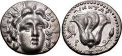Greek ISLANDS off CARIA, Rhodos. Rhodes. Circa 205-190 BC. AR Tetradrachm (25mm, 13.48 g, 12h). Chian standard. Ainetor, magistrate. Radiate head of Helios facing slightly right / Rose in profile, wit