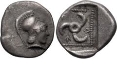 Greek DYNASTS of LYCIA. Vekhssere I. Circa 450-430/20 BC. AR Diobol (11mm, 1.23 g, 10h). Helmeted head of Athena right / Triskeles in dotted border within incuse square. MAL I 44-6 (same dies); Falghe