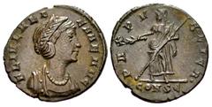 Roman Imperial Helena. Augusta, AD 324-328/30. Æ Follis (15mm, 1.65 g, 5h). Constantinople mint, 5th officina. Posthumous issue, struck AD 337-341 AD. Diademed and draped bust right / Pax standing lef