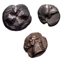 Large Lots GREEK. Miscellaneous. Lot of three (3) silver fractions. Includes: THRACO-MACEDONIAN REGION, Uncertain. AR Hemiobol(?). Cf. Tzamalis 98 // TROAS, Uncertain. AR Hemiobol. SNG Arikantürk 672–