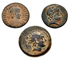 Large Lots MIXED. Greek–Roman Imperial. Lot of three (3) bronze issues. Includes: GREEK: Cilicia, Mopsos. Von Aulock, Mopsos 11a; SNG BN 1952–6; SNG Levante 1305 // Seleukid. Antiochos VI. SC 2014b; H