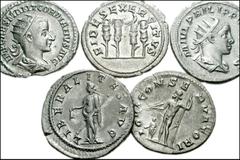 ROMAN. Imperial. AR of the 3rd century. Includes: all antoniniani. GORDIAN III. Aequitas. RSC 17 // Liberalitas. RSC 127a // Jupiter; to left, diminutive figure of Gordian. RSC 105 // PHILIP I. Four s