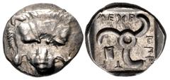 Greek DYNASTS of LYCIA. Mithrapata. Circa 390-370 BC. AR Sixth Stater (12.5mm, 1.25 g). Uncertain mint. Lion scalp facing / Triskeles; astragalos in one section; all within incuse square. Müseler VII 