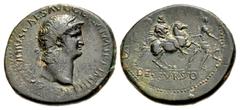 Roman Imperial Nero. AD 54-68. Æ Sestertius (36mm, 26.34 g, 7h). Uncertain Balkan/Thracian mint. Struck circa AD 63. Laureate head right / DECVRSIO, Nero on horseback right, holding spear; to left, so
