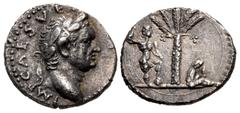 Roman Imperial Vespasian. AD 69-79. AR Denarius (16.5mm, 2.94 g, 5h). "Judaea Capta" commemorative. Antioch mint. Struck AD 72-73. Laureate head right / Palm tree; to left, Vespasian standing right, h