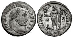Roman Imperial Licinius I. AD 308-324. Æ Follis (20.5mm, 4.57 g, 6h). Alexandria mint, 5th officina. Struck AD 314-315. Laureate head right / Jupiter standing left, holding Victory on globe and scepte
