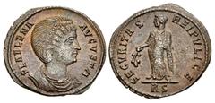 Roman Imperial Helena. Augusta, AD 324-328/30. Æ Follis (20mm, 2.54 g, 6h). Rome mint, 2nd officina. Struck AD 324-325. Diademed and mantled bust right, wearing necklace / Securitas standing left, hol