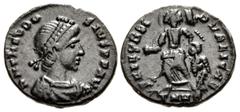 Roman Imperial Theodosius I. AD 379-395. Æ (14mm, 1.21 g, 6h). Heraclea mint, 1st officina. Struck AD 378-383. D N THEODO SIVS P F AVG, pearl-diademed, draped, and cuirassed bust right / SALVS REI PVB