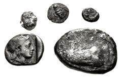 Large Lots GREEK. Miscellaneous. Lot of five (5) silver issues. Includes: WESTERN ASIA MINOR, Uncertain. AR Tetartemorion. Unpublished in the standard references // IONIA, Ephesos. AR Tetartemorion. K