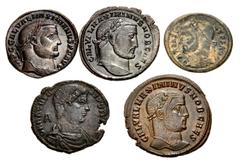 Large Lots ROMAN. Imperial. Lot of five (5) mostly Tetrarchic bronze issues. Includes: Maximinus II. Æ Follis (3) // Maxentius. Æ Half Follis // Magnentius. Æ. The Magnentius rough. VF to Near VF. LOT
