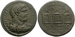 IONIA, Smyrna. Caracalla. AD 198-217. Æ 34mm (25.16 g). Laureate, draped, and cuirassed bust right / Three tetrastyle temples; the left temple with a statue of Hadrian within; the central temple with 