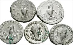 ROMAN. Imperial. AR of Herennius Etruscus. Includes: all antoniniani. Sprinkler, simpulum, jug, patera, and lituus (4) // Herennius Etruscus in military attire. VF-Good VF, toned. LOT SOLD AS IS, NO R