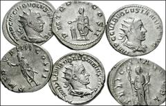 ROMAN. Imperial. AR of Volusian. Includes: all antoniniani. Felicitas (2) // Virtus // Volusian sacrificing, holding scepter (2) // Volusian holding branch and scepter. Near VF-VF condition. LOT SOLD 