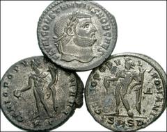 ROMAN. Imperial. Æ of the Diocletian, Galerius, and Constantius I. All coins: folles. Laureate head right / Genius holding patera and cornucopia. Includes: DIOCLETIAN. Cyzicus mint. RIC VI 12a // GALE