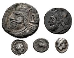Large Lots GREEK. Miscellaneous. Lot of five (5) silver, billon, and bronze issues. Includes: SICILY, Syracuse. Hieron II. Æ Litra // THRACO-MACEDONIAN REGION, Uncertain. AR Obol // MACEDON, Akanthos.