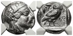 Greek ATTICA, Athens. Circa 454-404 BC. AR Tetradrachm (21mm, 17.20 g, 3h). Helmeted head of Athena right, with frontal eye / Owl standing right, head facing, closed tail feathers; olive sprig and cre
