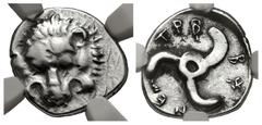 Greek DYNASTS of LYCIA. Trbbenimi. Circa 390-375 BC. AR Third Stater. Wedrei mint(?). Facing lion scalp / Triskeles. Müseler VIII, 25–7; Falghera 197–202; SNG von Aulock 4217. In NGC encapsulation 468