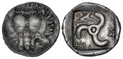 Greek DYNASTS of LYCIA. Mithrapata. Circa 390-370 BC. AR Sixth Stater (13mm, 1.43 g). Phellos(?) mint. Facing lion scalp / Triskeles; dolphin in one section; all within incuse square. Müseler VII 76–7