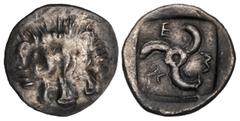 Greek DYNASTS of LYCIA. Mithrapata. Circa 390-370 BC. AR Twenty-fourth Stater (8mm, 0.30 g). Uncertain mint. Facing lion scalp / Triskeles within incuse square. Cf. Müseler VII 91–2 (sixth staters); S