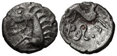 British CELTIC, Iceni. Uninscribed. Circa 65-1 BC. AR Unit (12mm, 1.18 g, 2h). Norfolk Boar "Phallic" (Icenian C) type. Stylized boar right with pellet on front; pellet below / Horse right; wheel abov