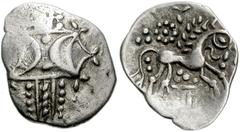CELTIC, Britain. Iceni. Anted. Circa AD 1-25. AR Unit (15mm, 1.47 g). Two opposed crescents with pellets between, superimposed upon band of three lines / Horse advancing right; sun and daisy above, pe